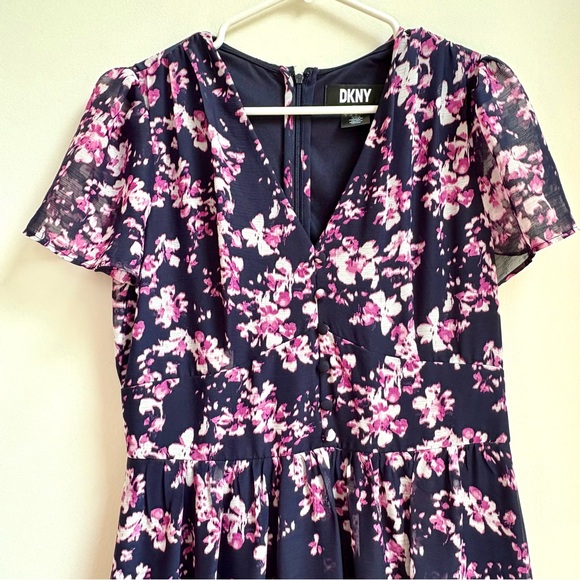 DKNY Navy Blue purple floral day dress size 8 - Picture 2 of 4